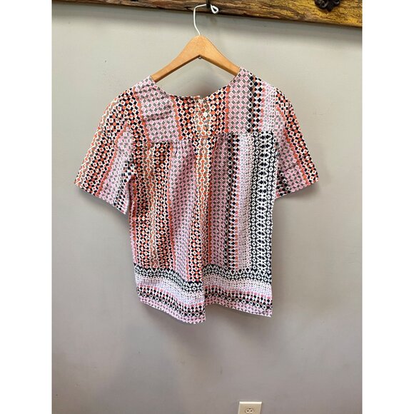 J. Crew Womens Multicolor Geometric Print Short Sleeve Cotton Blouse Size 0 - Picture 3 of 7